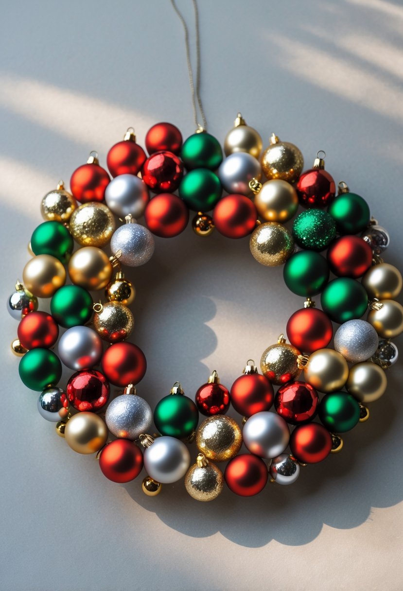 A circular wreath made of small colorful Christmas ornaments arranged neatly on a neutral background.