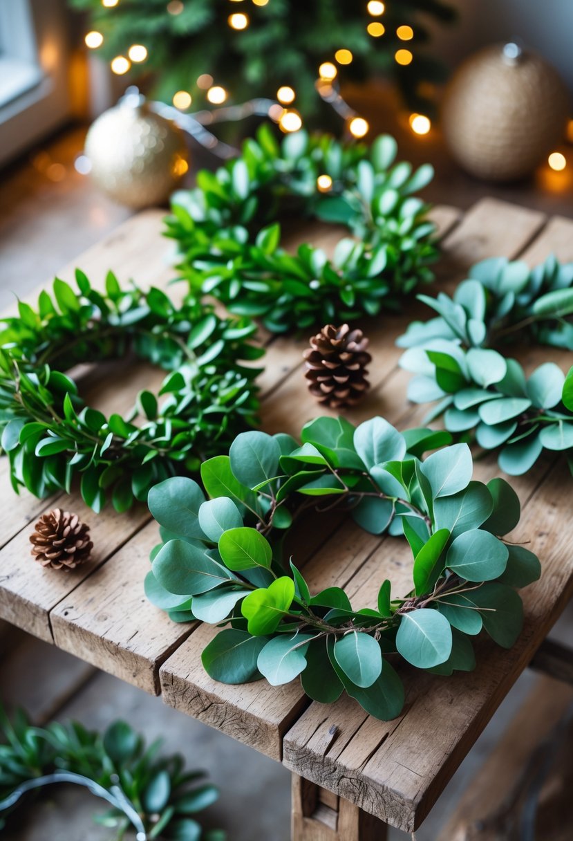Mini wreaths made of fresh eucalyptus leaves arranged on a wooden table with small pine cones and soft glowing fairy lights in the background.