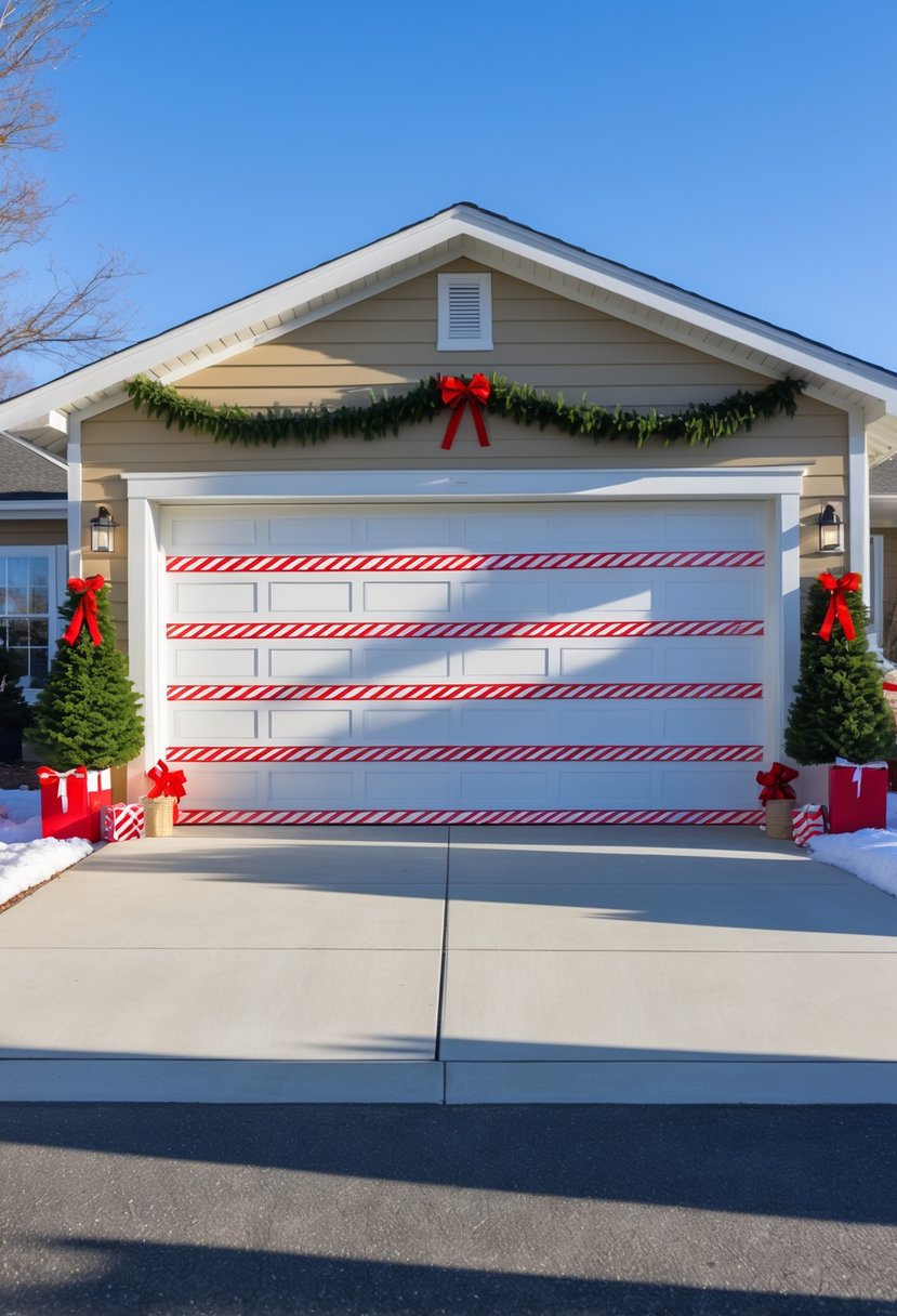 Garage door decorated with red and white candy cane stripes made from outdoor tape, surrounded by subtle Christmas decorations and plants.