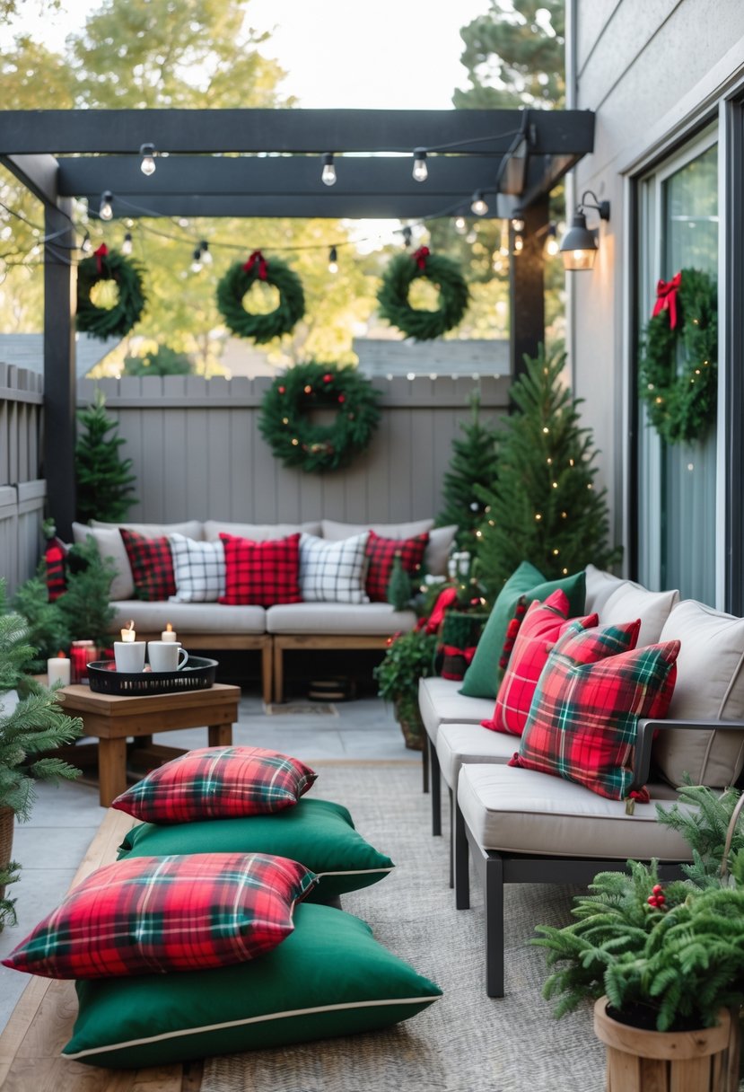 Outdoor apartment patio with plaid throw pillows on seating, decorated for Christmas with string lights and greenery.