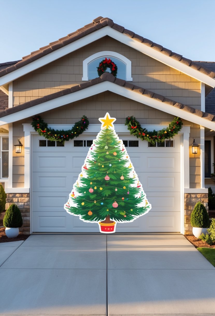 A garage door with a large Christmas tree decal and simple festive decorations on a house exterior.