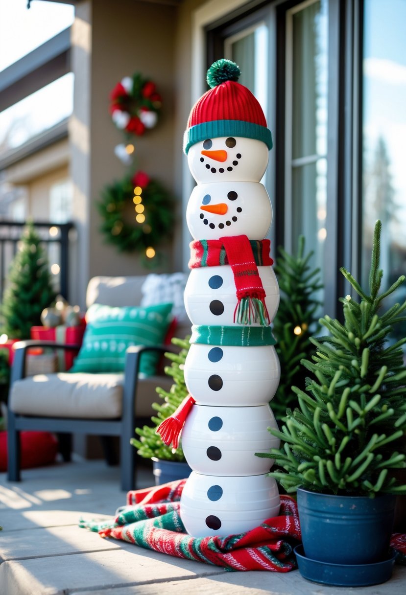 Outdoor apartment patio with snowmen made from white PVC pipes decorated with hats and scarves, surrounded by holiday lights and plants.