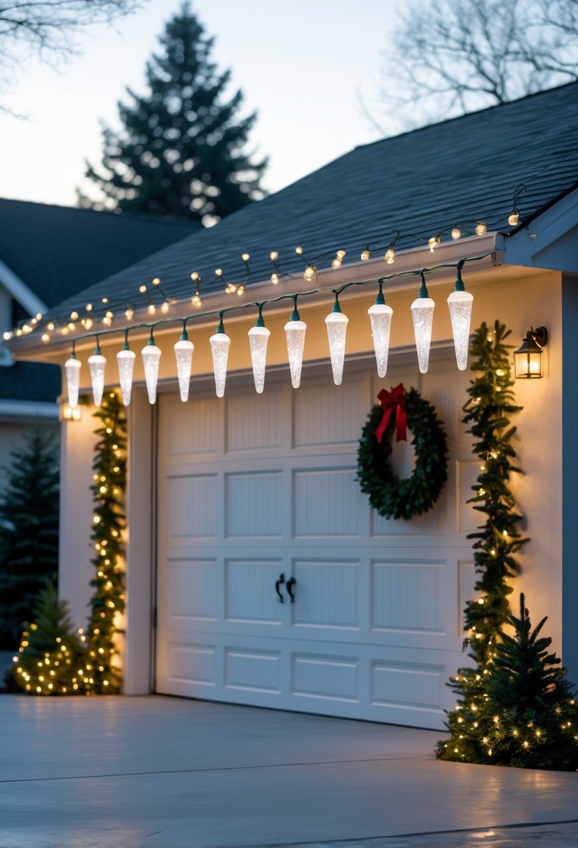 Garage exterior decorated with icicle-shaped string lights hanging from the top of the garage door and simple Christmas decorations around the entrance.