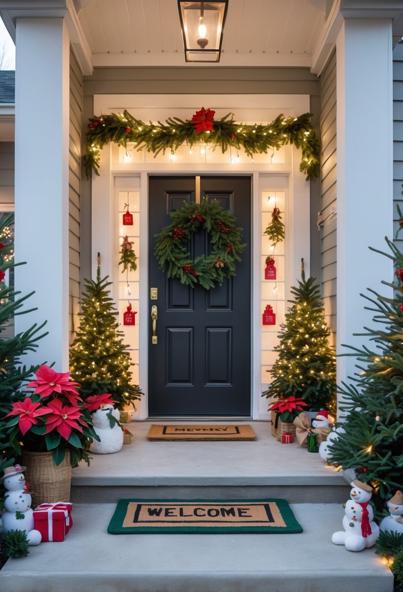 A home entryway with a festive welcome mat and simple Christmas decorations near a garage door.