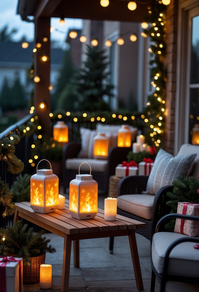 Apartment patio decorated for Christmas with flame effect lanterns, pine garlands, fairy lights, and festive ornaments.