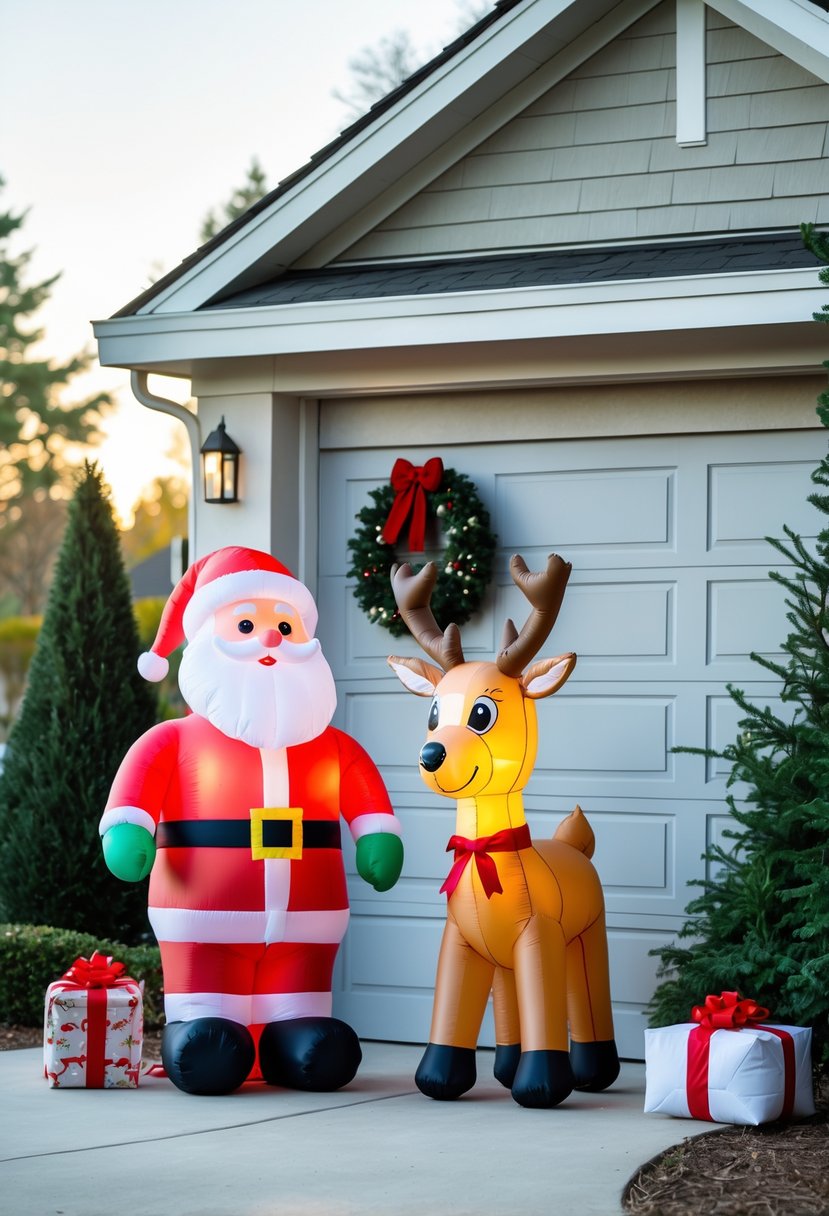 Inflatable Santa Claus and reindeer beside a garage door with Christmas decorations outside a house.
