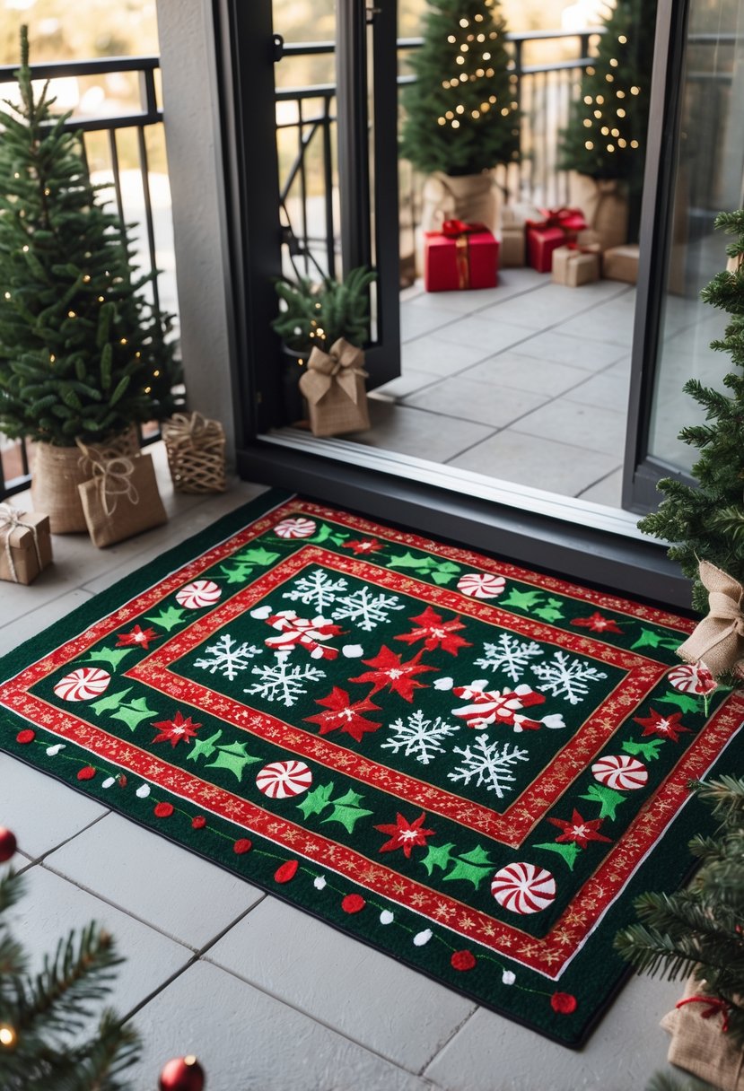 A festive doormat with holiday patterns on an apartment patio decorated with small evergreen plants, string lights, and handmade ornaments.