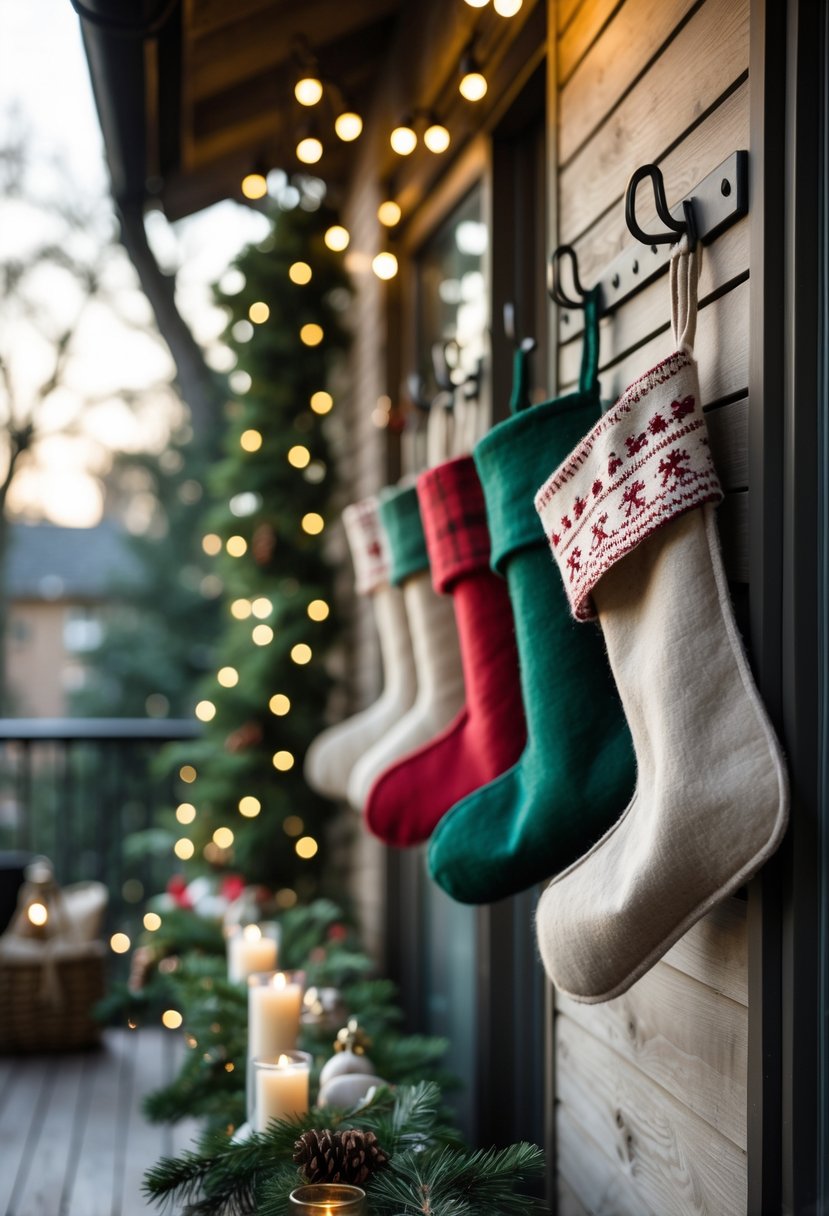 A row of colorful felt Christmas stockings hanging on hooks on an apartment patio decorated with holiday lights and greenery.