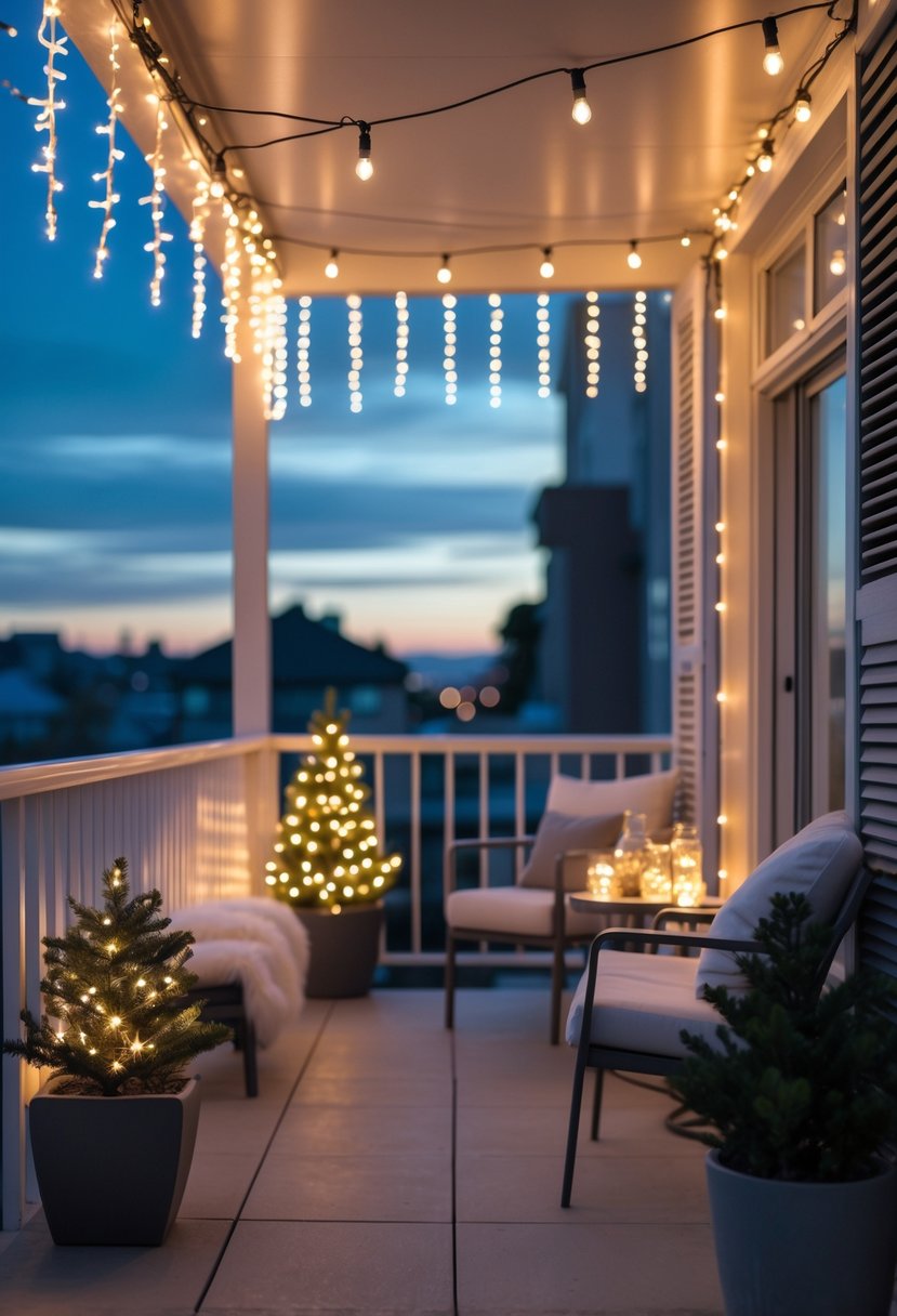 Apartment balcony decorated with white LED icicle lights hanging along the edges, creating a warm holiday atmosphere in the evening.