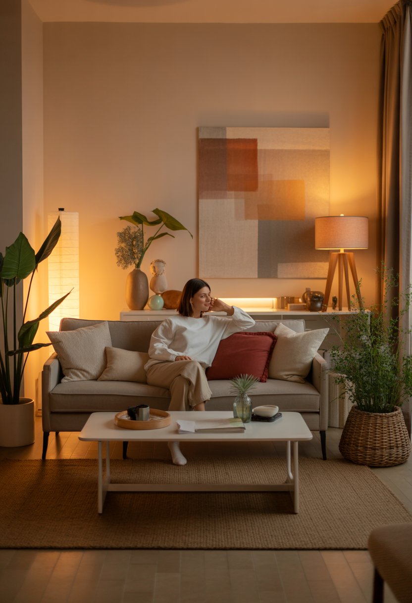 Ein gemütliches Wohnzimmer mit einer Person auf dem Sofa, umgeben von Pflanzen und Dekoration, die eine warme und einladende Atmosphäre schaffen.