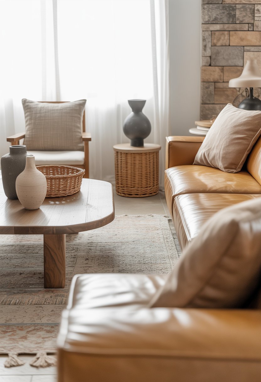 Ein heller moderner Wohnraum mit einer gemütlichen Sofaecke, einem Holztisch und verschiedenen dekorativen Elementen aus unterschiedlichen Materialien, die das Raumgefühl verändern.