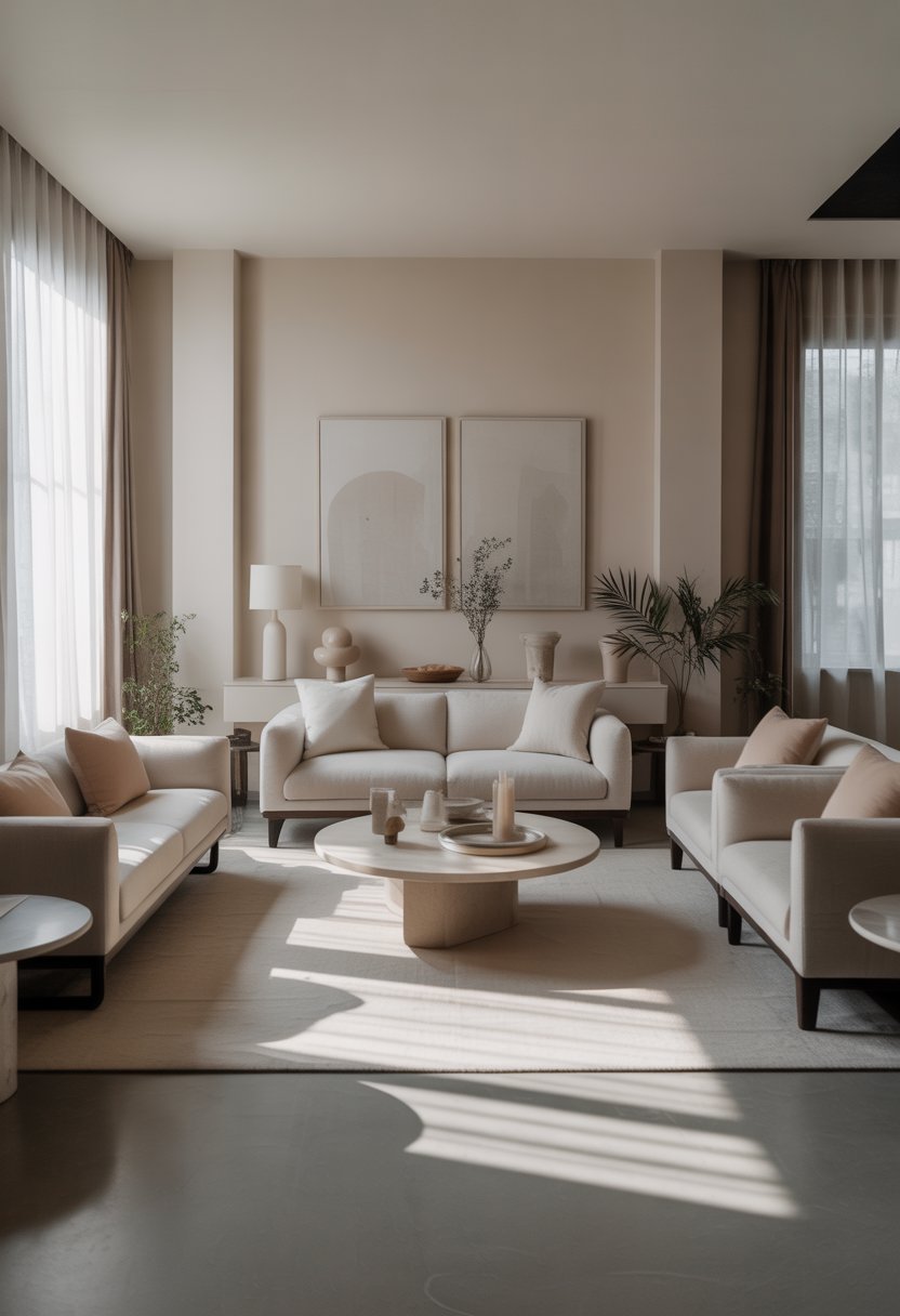 Ein aufgeräumtes Wohnzimmer mit symmetrischer Möblierung und ruhiger Atmosphäre.