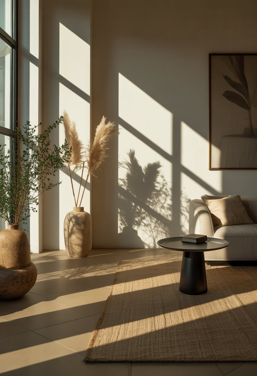 Ein modernes Wohnzimmer mit Sonnenlicht, das durch Fenster fällt und Schatten auf Möbel und Dekoration wirft.