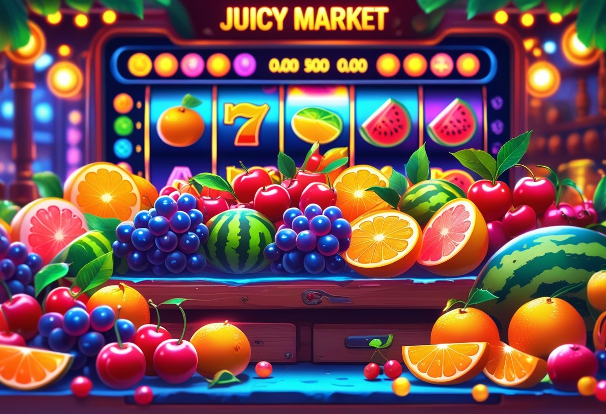 Ilustrasi pasar buah berwarna-warni dengan berbagai buah segar dan latar belakang mesin slot online.