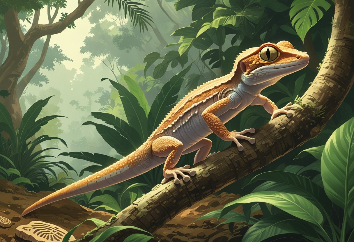 Seekor cicak sedang bertengger di cabang pohon di habitat tropis dengan tanaman hijau dan elemen fosil di tanah di sekitarnya.
