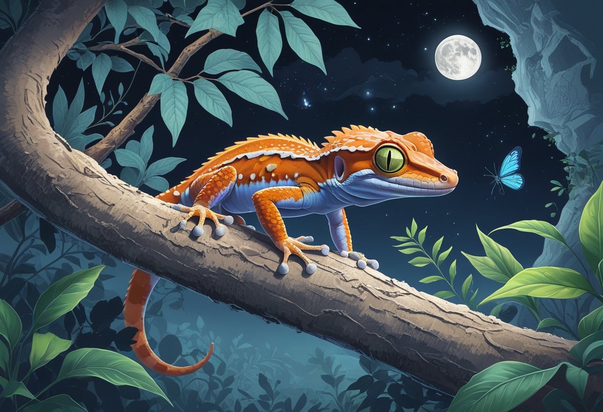 Seekor cicak sedang bertengger di cabang pohon dengan latar daun-daun dan langit malam, menampilkan habitat alaminya.