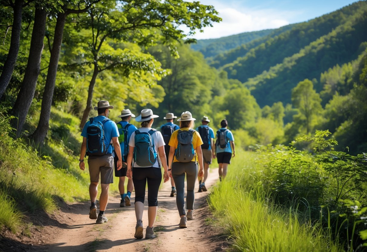 A group of beginner hikers walking on a forest trail surrounded by green trees and sunlight.
