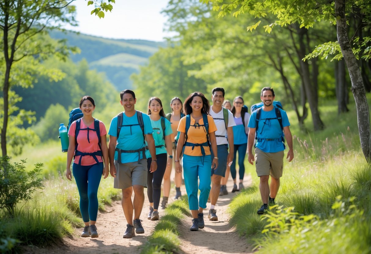 A group of people hiking on a forest trail surrounded by green trees and hills under a clear sky.