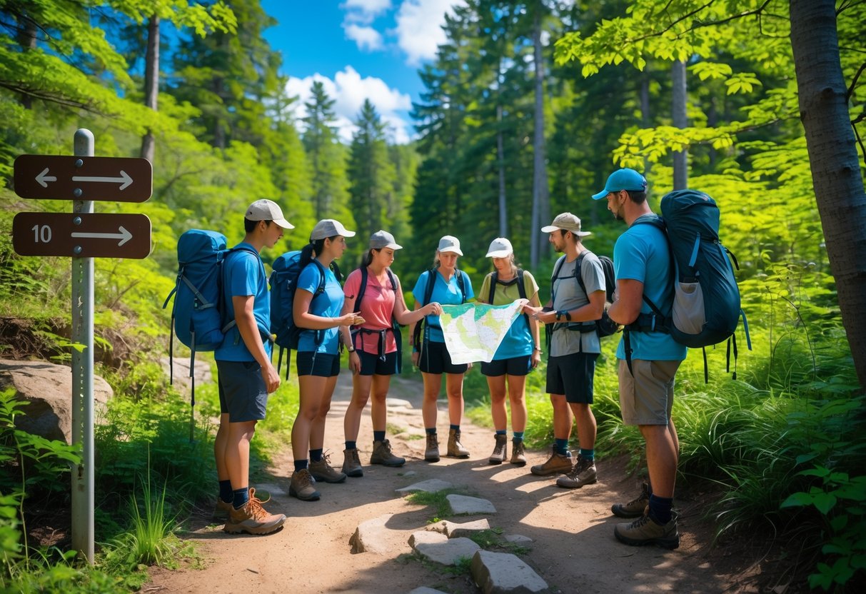 A group of hikers at a trailhead in a forest, looking at a map and preparing to start their hike.