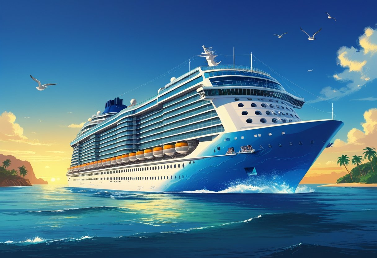 Sebuah kapal pesiar besar berlayar di laut biru dengan pulau tropis di kejauhan dan langit cerah.