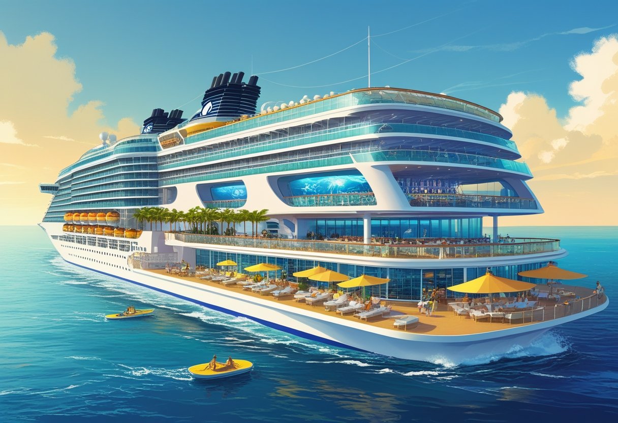 Sebuah kapal pesiar besar di laut dengan berbagai fasilitas seperti kolam renang, area bersantai, teater, lapangan olahraga, dan area makan yang ramai dengan orang-orang menikmati aktivitas mereka.