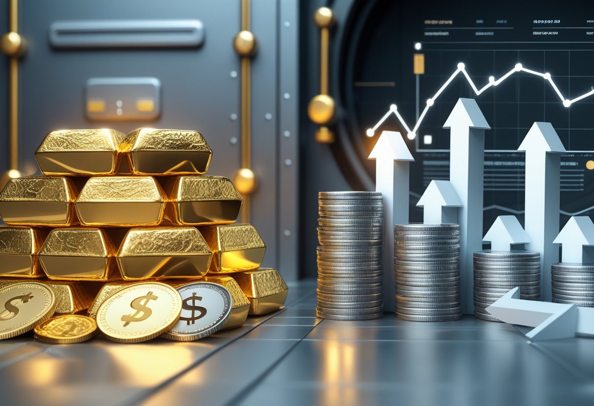 An illustration showing stacks of gold bars and silver coins on one side and financial documents and graphs on the other, with arrows indicating rising premiums between them.