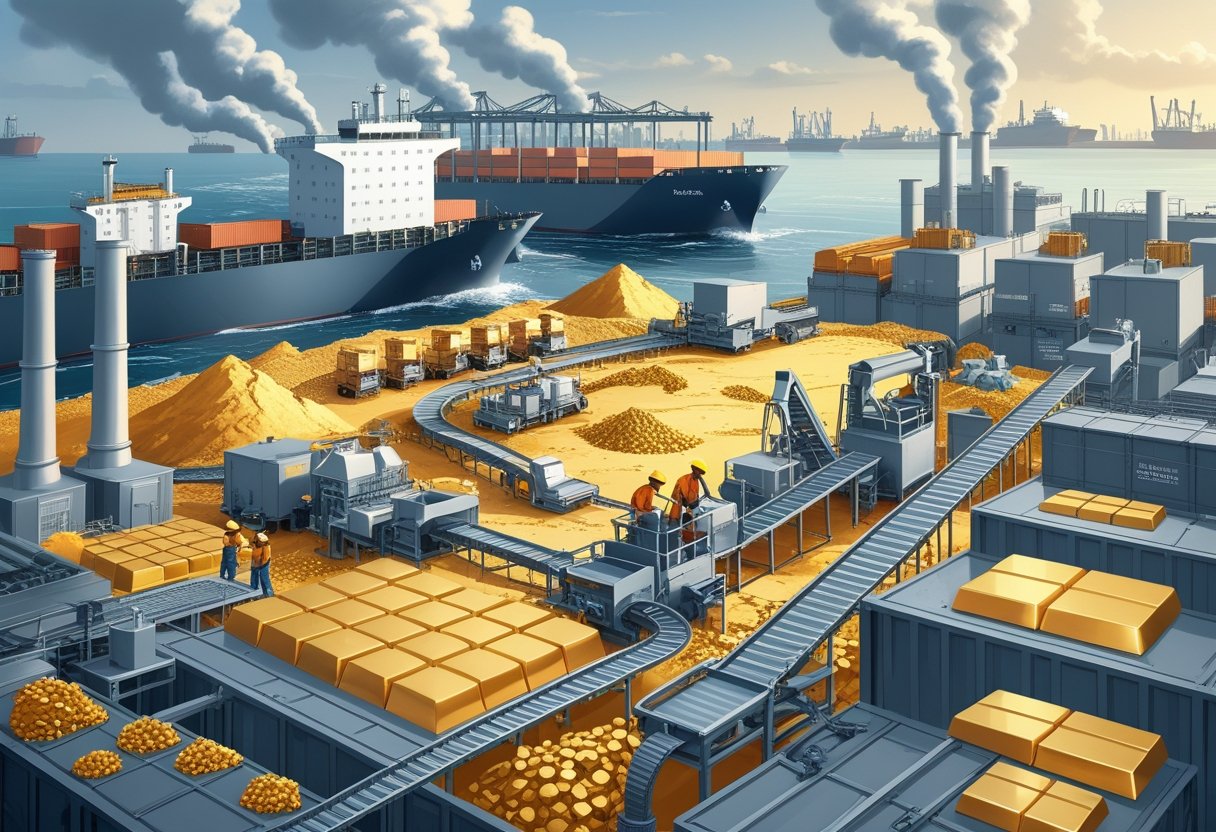 A mining site extracting gold and silver with machinery, a congested cargo ship at a port, and warehouses filled with precious metals, illustrating production and supply chain challenges.