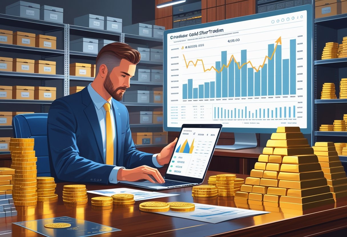 A dealer at a desk reviewing gold and silver coins and bars with charts and inventory lists in a financial workspace.