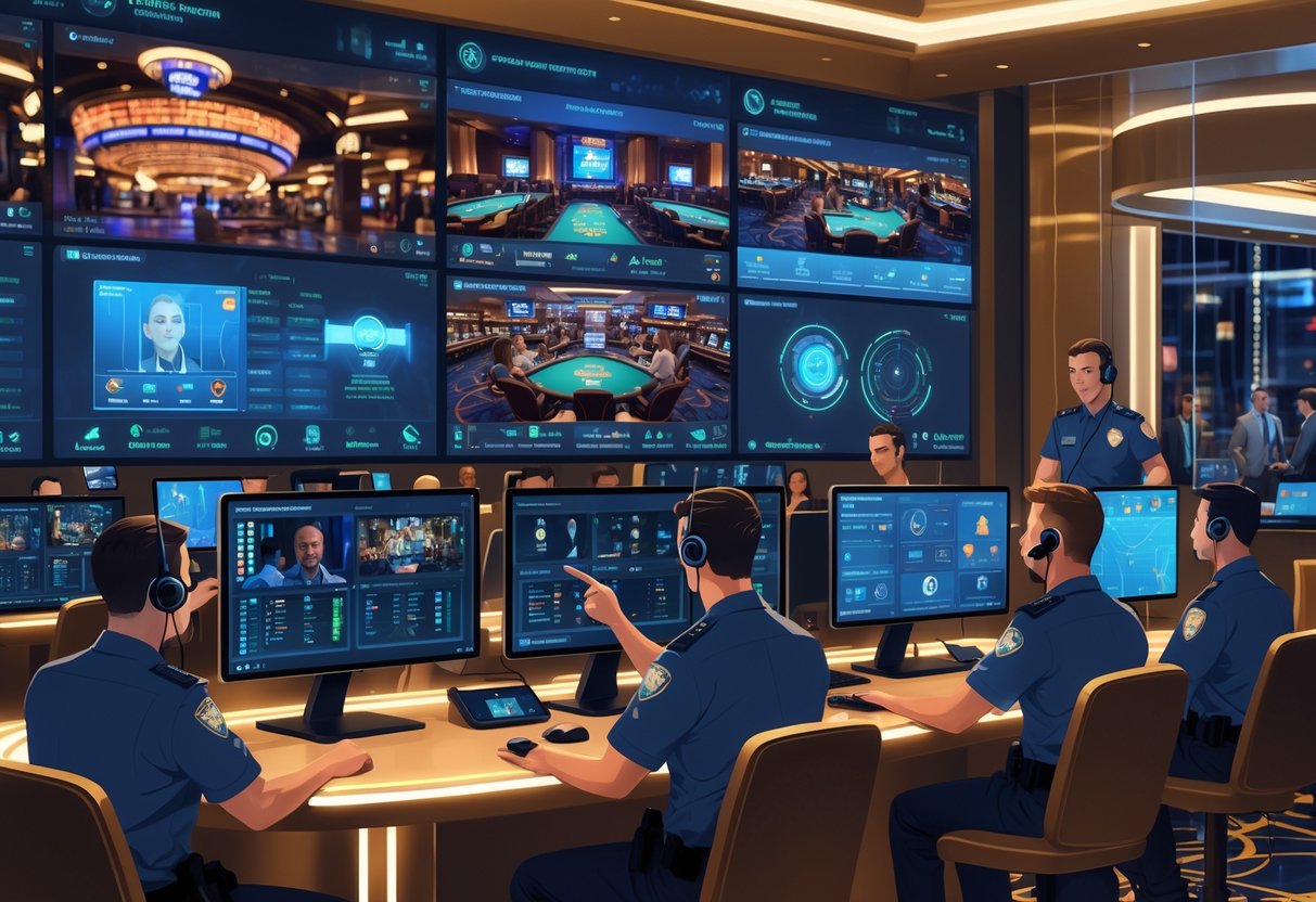 A casino security team monitors multiple screens showing live casino activity and technology detecting cheating to protect players.