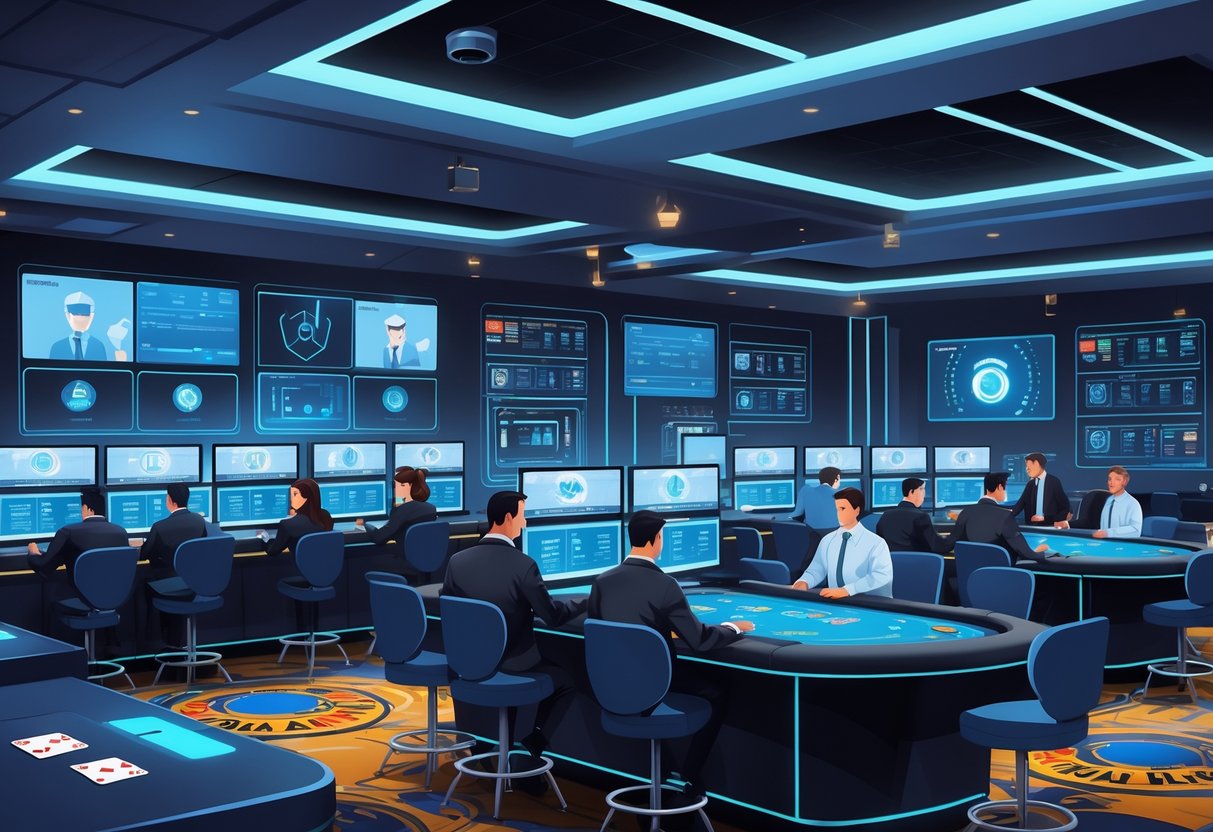 A casino security control room with staff monitoring surveillance screens and a casino floor showing gaming tables and slot machines with security technology in use.
