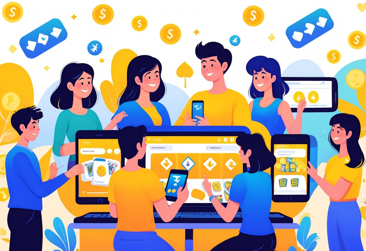 A diverse group of people playing digital casino games on various devices in a bright virtual casino environment.