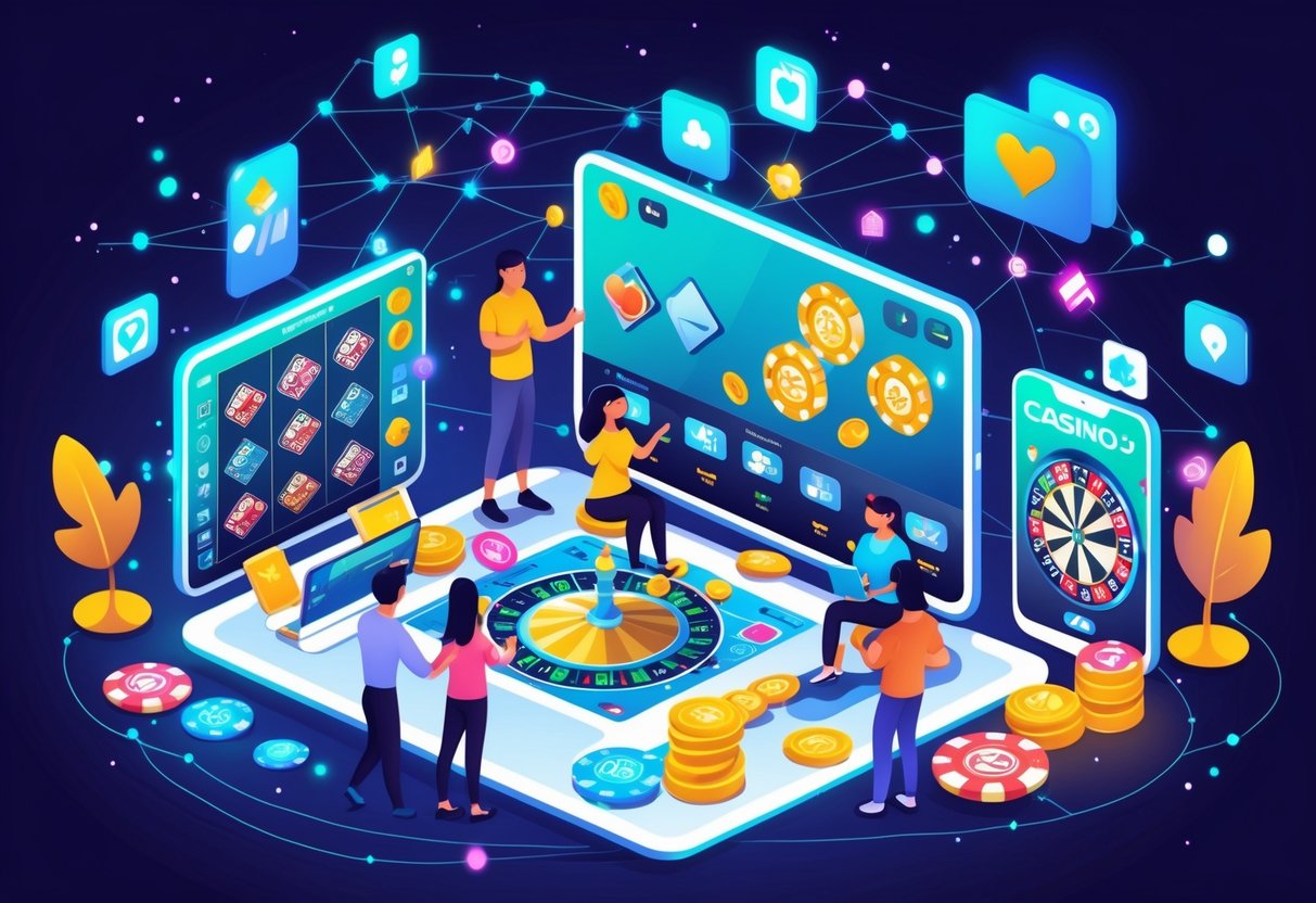 People using smartphones and laptops to play virtual casino games like slots and poker in a connected digital environment.