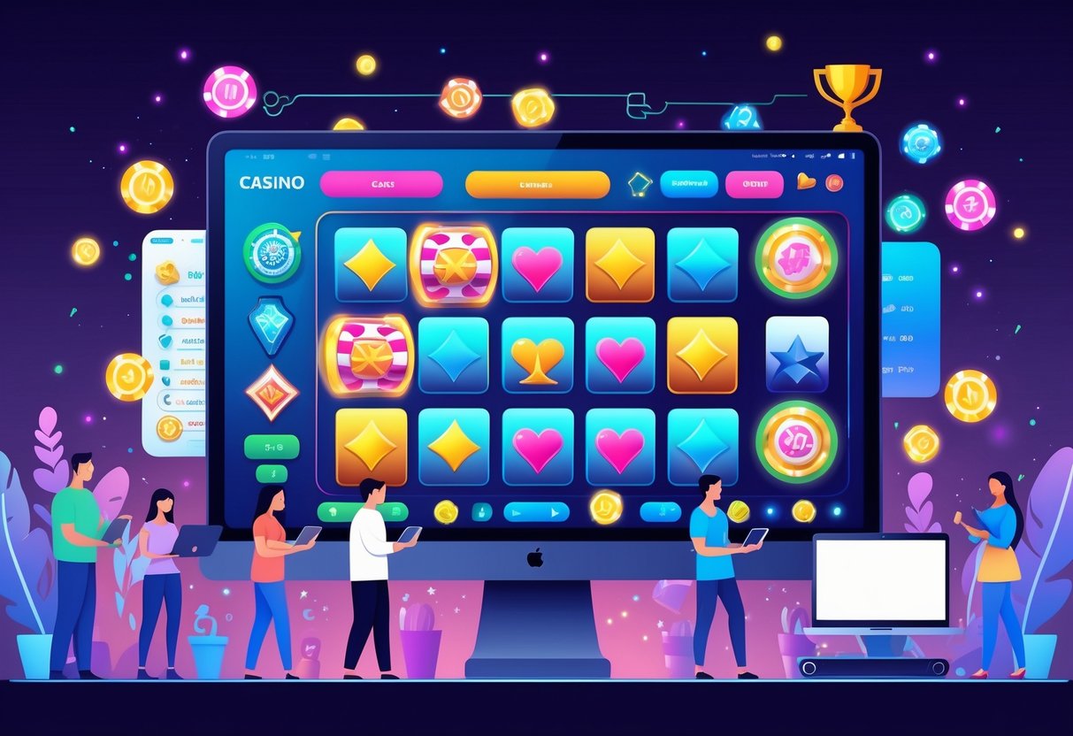 People interacting with a digital casino interface showing slot reels, poker chips, and achievement icons on various devices.