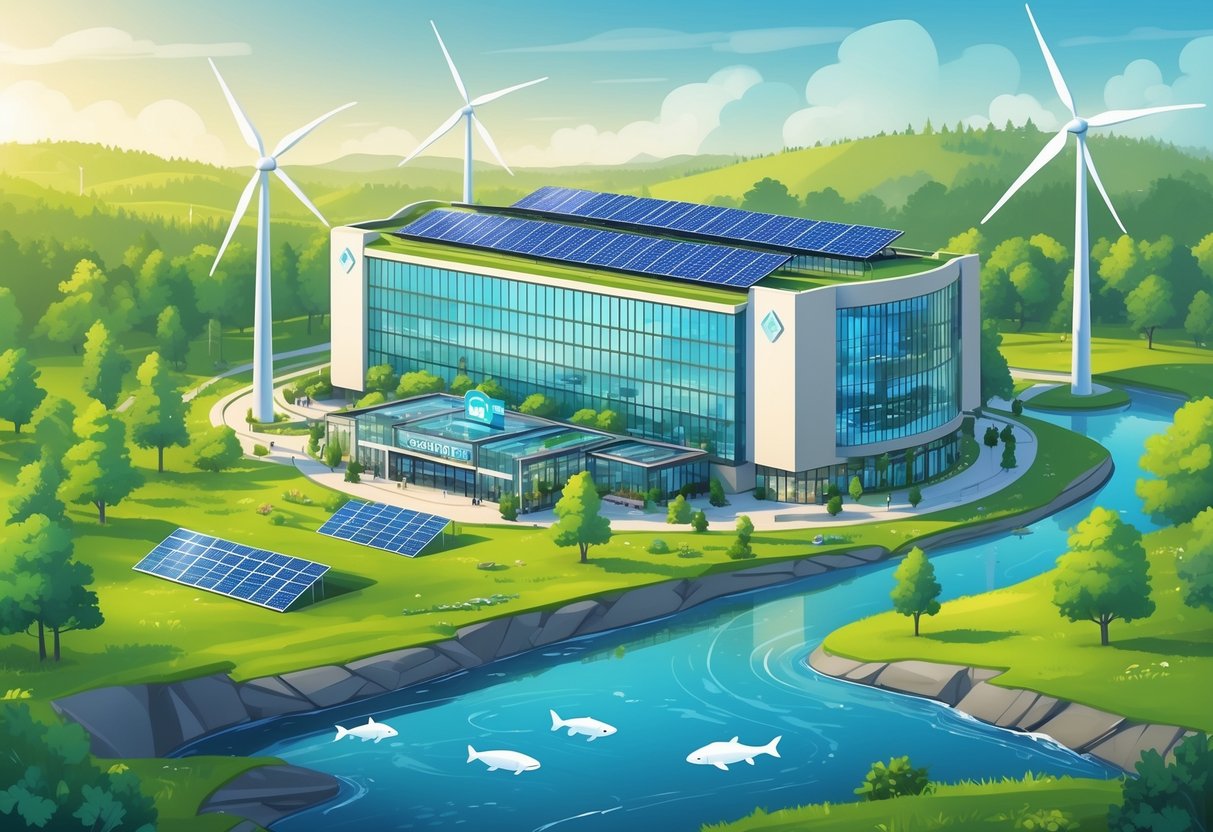 A modern casino surrounded by trees, solar panels on its roof, wind turbines nearby, and a clean river with fish, illustrating environmental sustainability in the gaming industry.