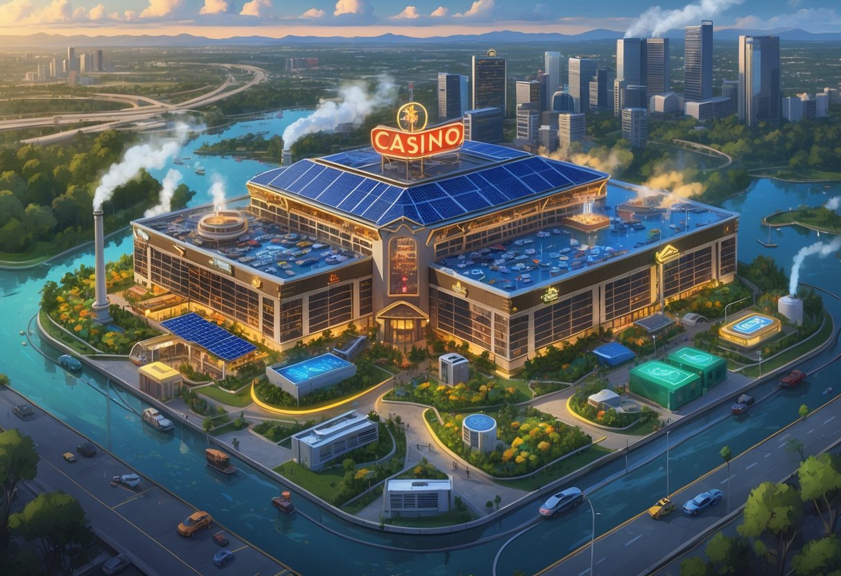 A casino building showing environmental challenges like pollution and waste on one side, and sustainability efforts like solar panels and green gardens on the other, set against a cityscape with trees and water.
