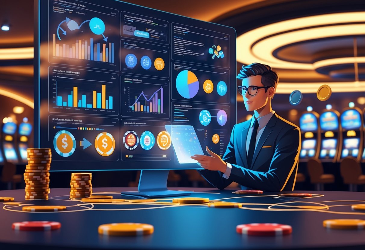 A person analyzing data charts and casino elements like poker chips and slot machines connected by a flowing narrative thread in a modern casino setting.