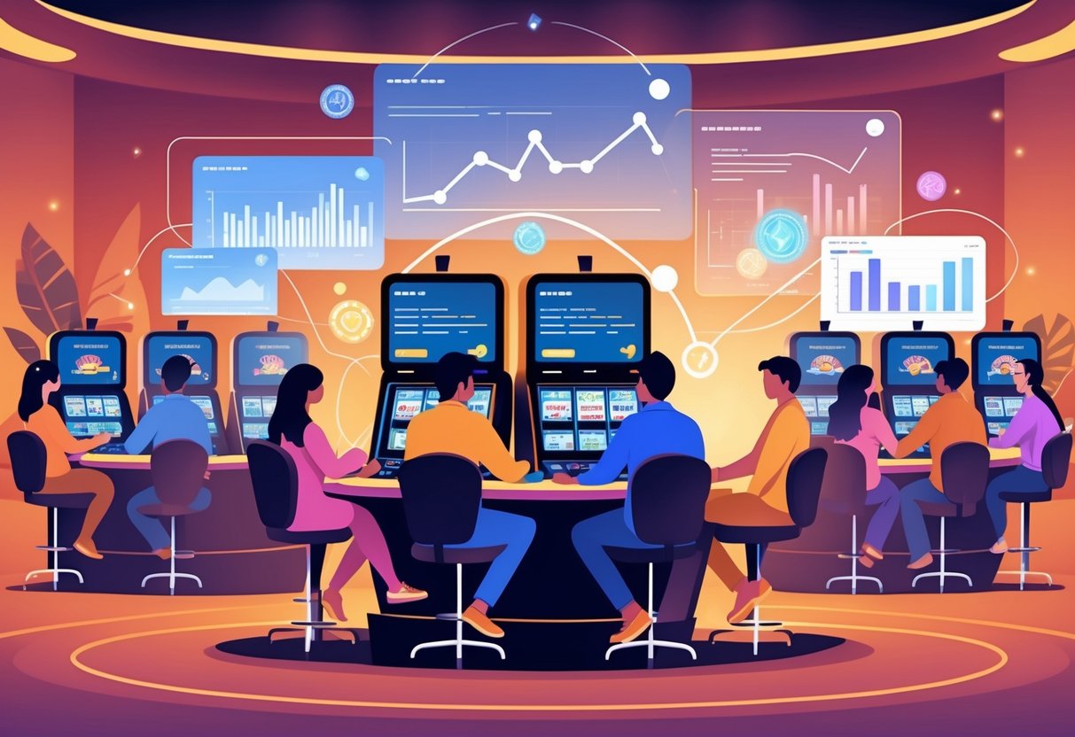 A modern casino scene showing players at gaming machines and marketers analyzing data and storytelling elements on screens.