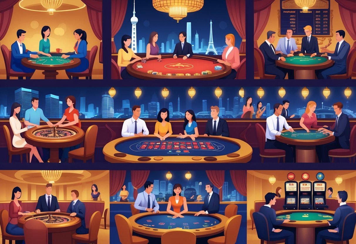 People from different cultures gambling in various casino settings around the world, with landmarks representing different countries in the background.