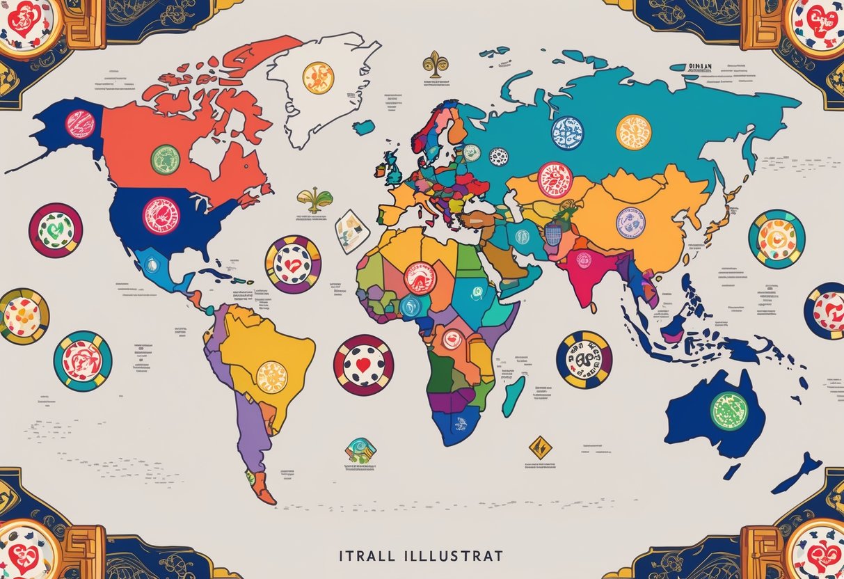 A world map showing different gambling symbols like cards, dice, roulette wheels, and mahjong tiles placed over various regions to represent gambling preferences around the world.