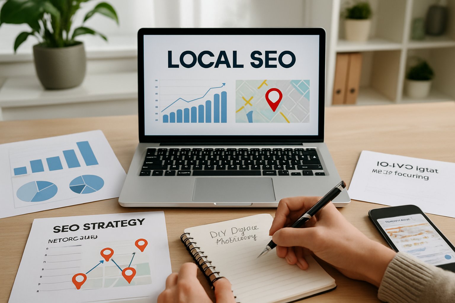A person working at a desk with a laptop showing local search data, writing notes with charts and a smartphone nearby.