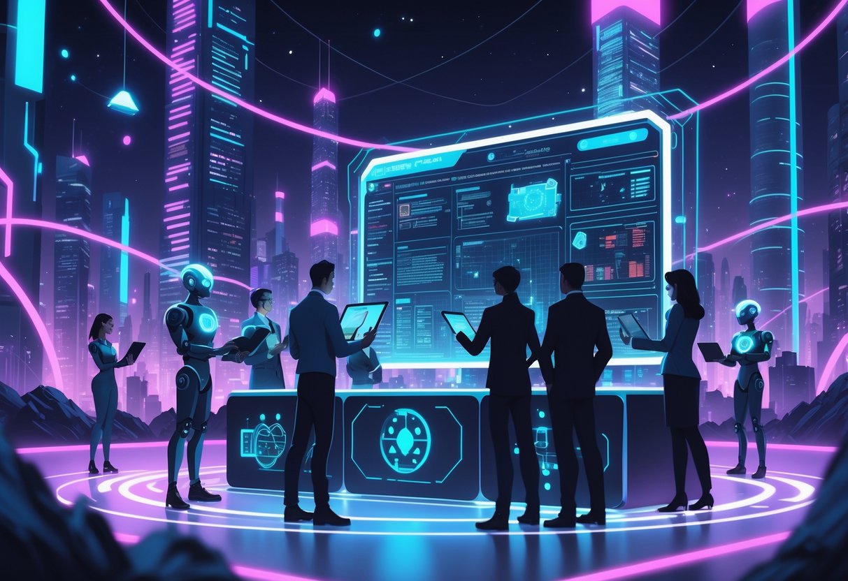 A futuristic city scene where diverse people, robots, and regulators collaborate around a glowing holographic display, symbolizing ethical AI and regulation in gaming.
