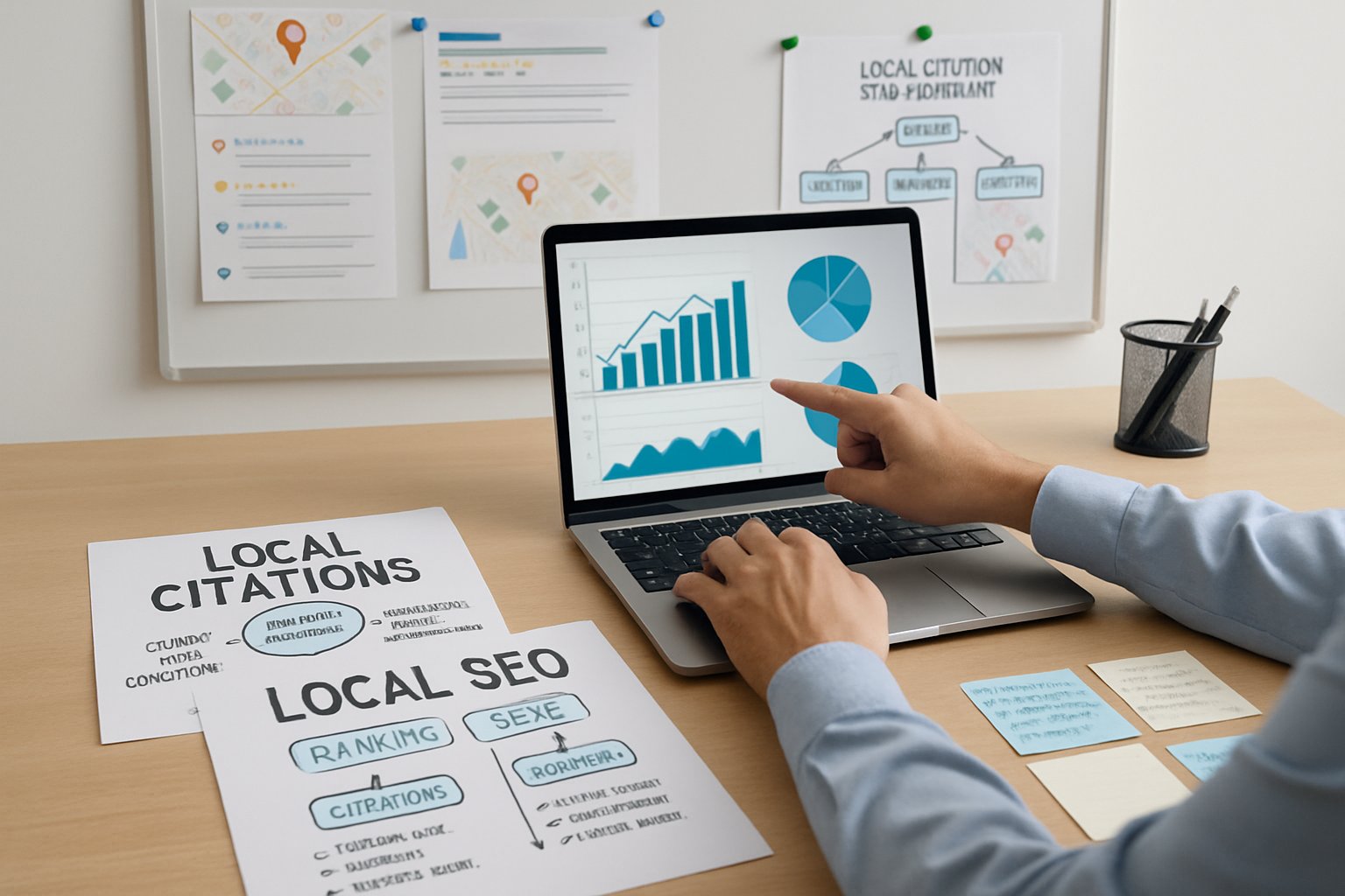 A person working at a desk with a laptop, documents, and a board showing maps and charts related to local SEO strategies.