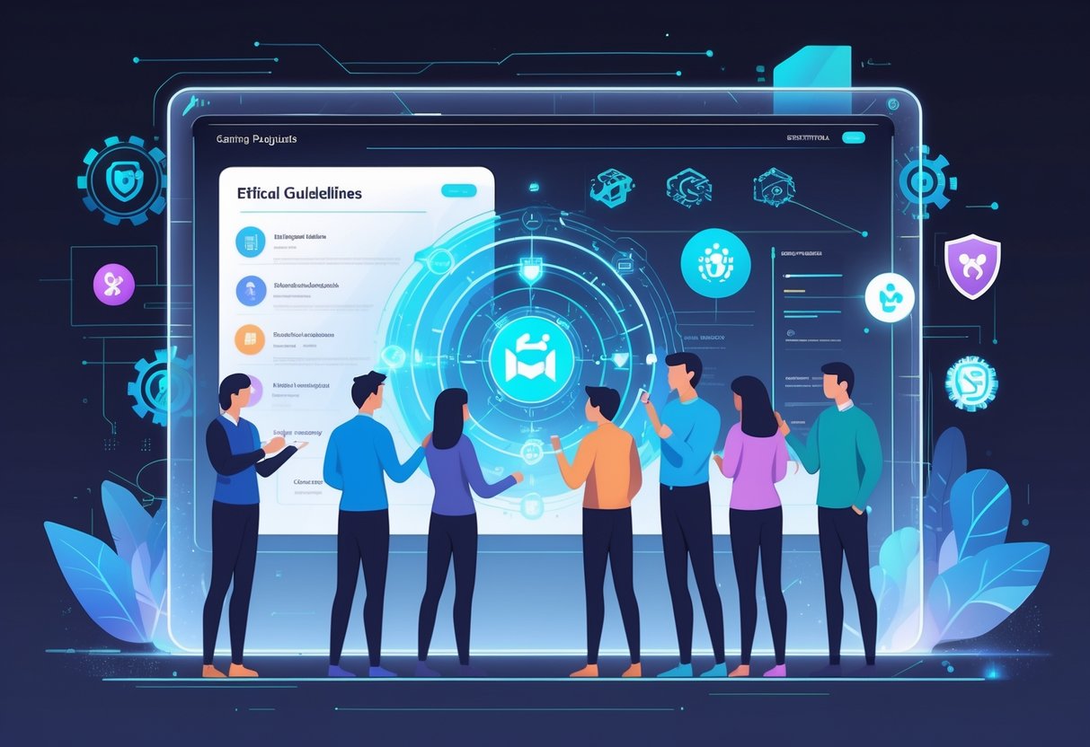 People working together around a digital interface showing AI and ethical symbols in a futuristic gaming environment.