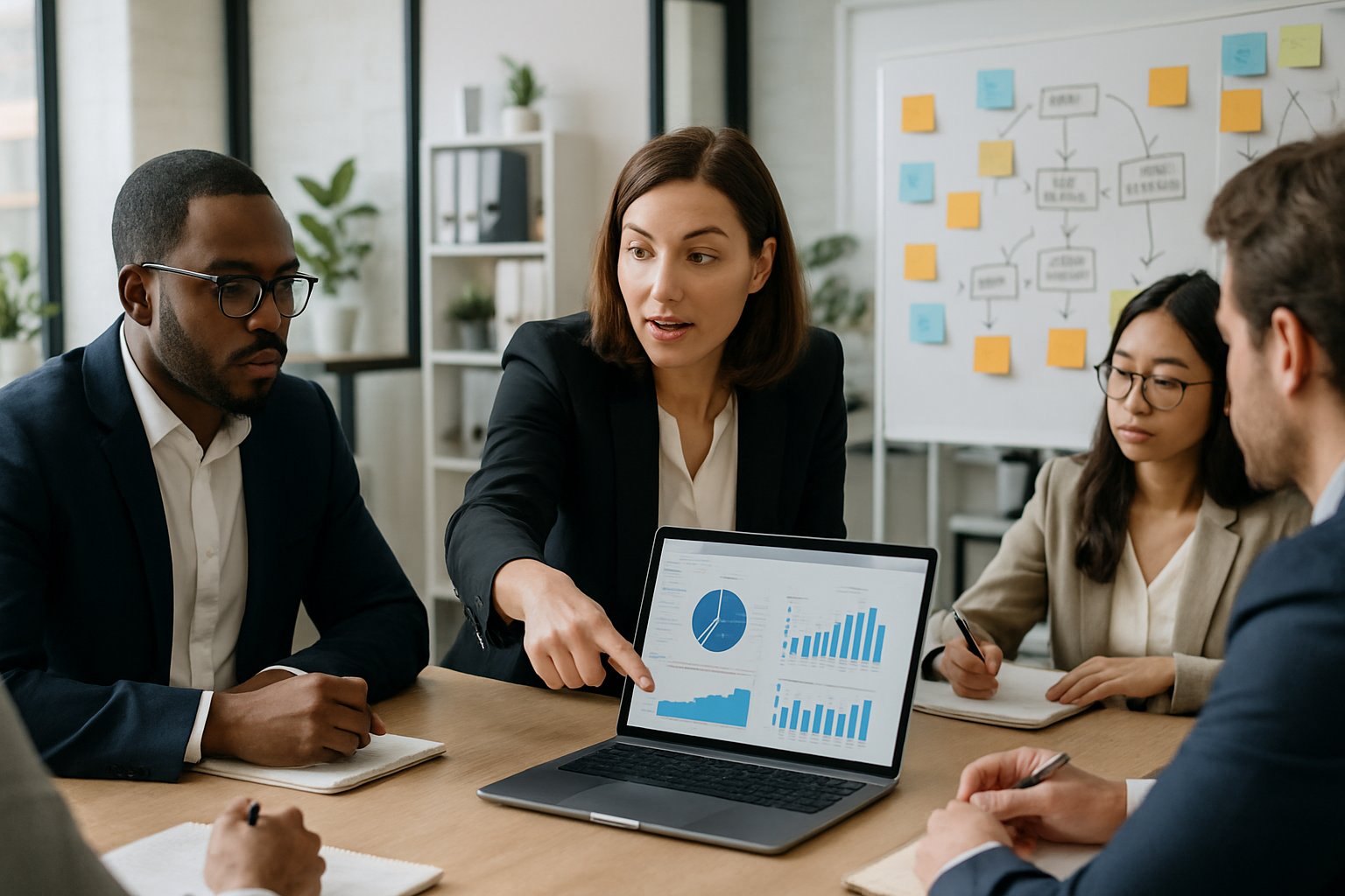 A group of business professionals collaborating around a table with a laptop and whiteboards showing charts and notes in a bright office.