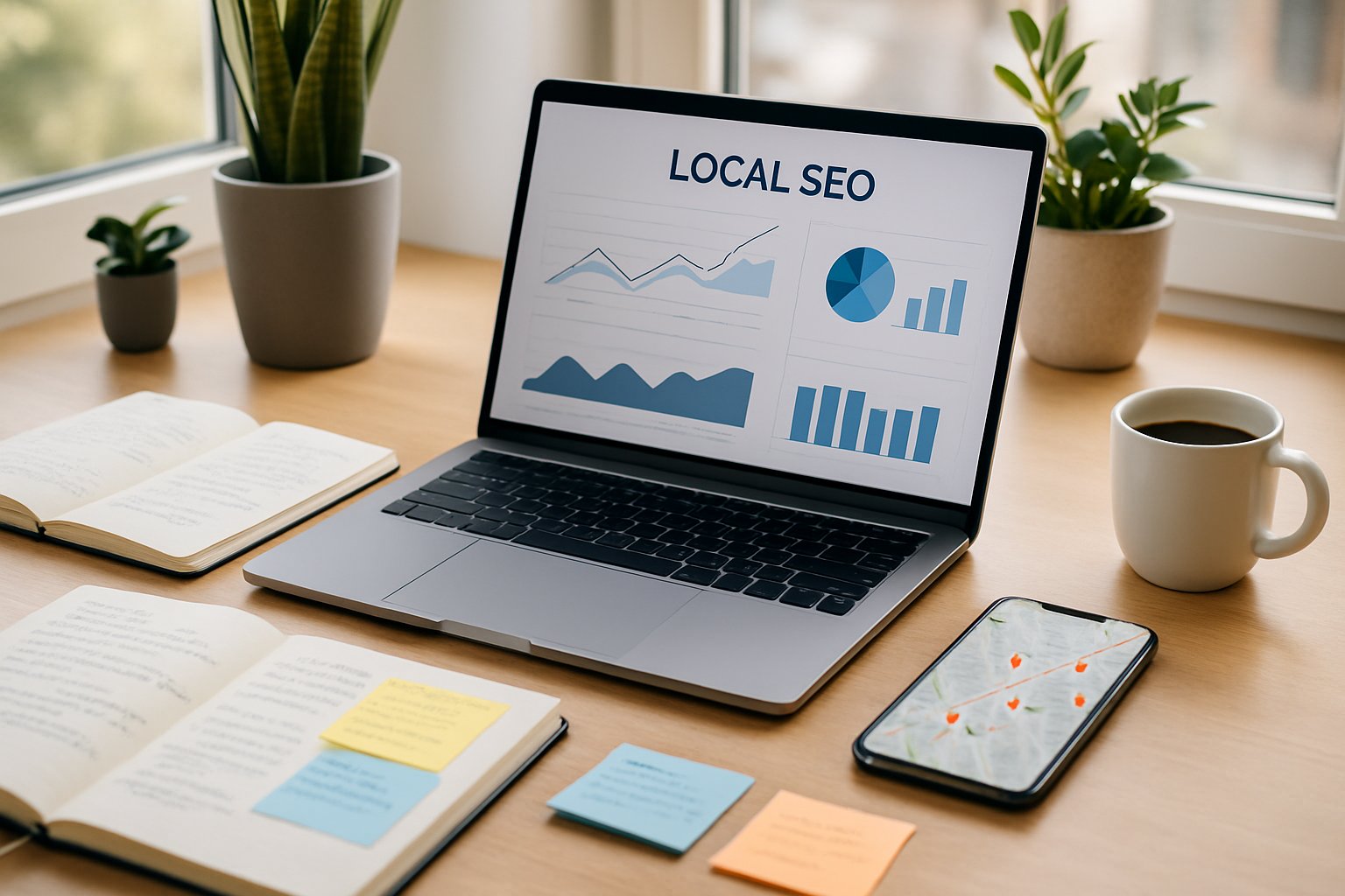 A modern workspace with a laptop showing SEO graphs, notebooks with notes, a smartphone displaying a local map, and a cup of coffee on a desk near a window.