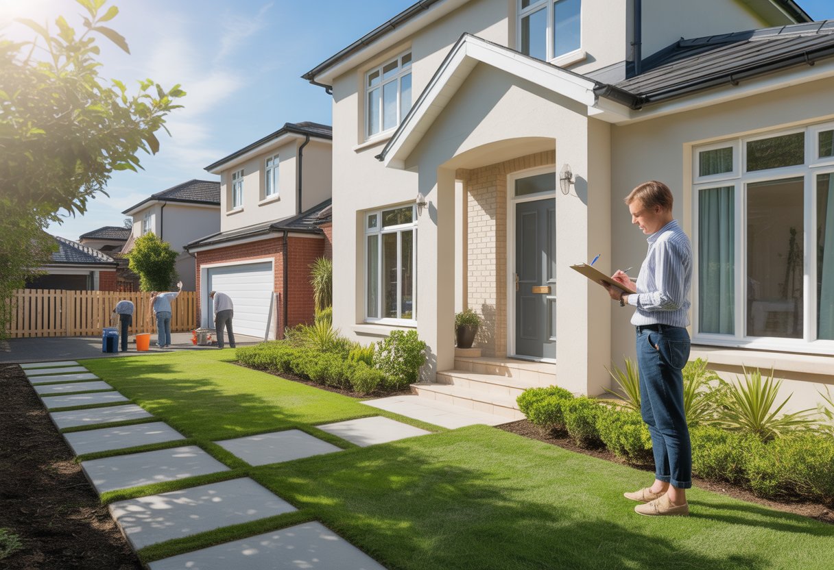 A homeowner checking a modern house exterior with workers fixing the fence and gutter in the background.