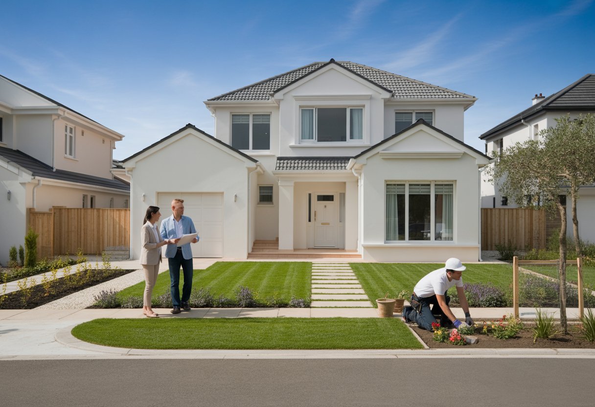 A couple viewing a well-maintained suburban house with a real estate agent and a contractor making small improvements outside.