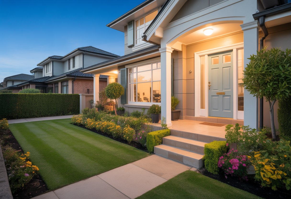 Front view of a well-kept suburban house with a clean pathway, trimmed lawn, and colourful flower beds.