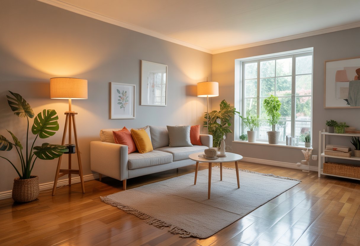 A bright living room with fresh paint, wooden floors, modern lighting, a sofa with cushions, plants, and artwork.