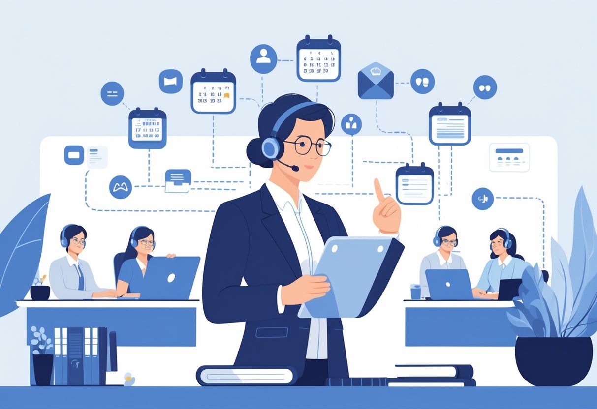 A business professional reviewing tasks on a tablet with virtual assistants working remotely connected by lines, illustrating task delegation to increase productivity.